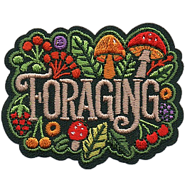 The word Foraging surrounded by mushrooms and plants.