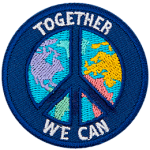 A peace sign is over top the globe. The words Together We Can are on the top and bottom of the peace sign.