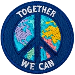 A peace sign is over top the globe. The words Together We Can are on the top and bottom of the peace sign.
