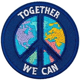 A peace sign is over top the globe. The words Together We Can are on the top and bottom of the peace sign.