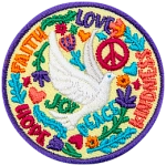 A white dove is surrounded by kind words and flowers.
