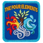 The Four Elements is written above a cross made from fire, air, water and a tree.