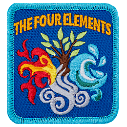 The Four Elements is written above a cross made from fire, air, water and a tree.