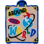 This travel bag patch has Around The World written on the luggage in a sticker-like design. An airplane flies around the globe on the suitcase.