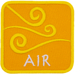 This yellow patch is decorated with swirling wind currents. The word Air is embroidered in white text near the base of the patch.