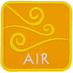 This yellow patch is decorated with swirling wind currents. The word Air is embroidered in white text near the base of the patch.