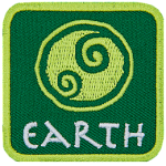 This green patch is decorated with a swirling symbol of a round earth. The word Earth is embroidered in white text near the base of the patch.