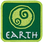 This green patch is decorated with a swirling symbol of a round earth. The word Earth is embroidered in white text near the base of the patch.