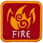 This red patch is decorated with burning flames. The word Fire is embroidered in white text near the base of the patch.