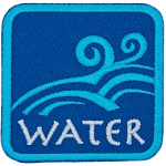This blue patch is decorated with flowing waves of water. The word Water is embroidered in white text near the base of the patch.