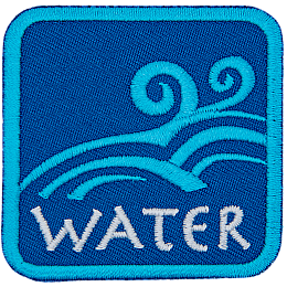 This blue patch is decorated with flowing waves of water. The word Water is embroidered in white text near the base of the patch.