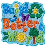 Build a Better World is stitched across this patch. Different green symbols surround it, and some letters are replaced with symbols.