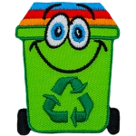 A cute green recycle bin with kooky eyes.