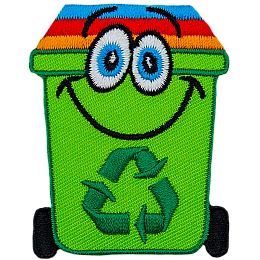 A cute green recycle bin with kooky eyes.