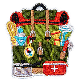 A green backpack full of camping gear.