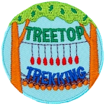 A log bridge and dangling hand-hold rings spans the distance between two trees on this circular Treetop Trekking patch.