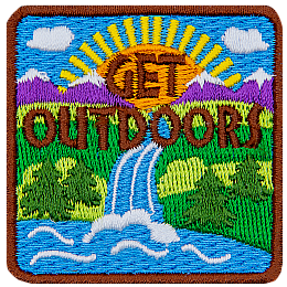 The words Get Outdoors are over the top of a setting sun, mountains, rolling hills and a stream flowing into a pond.
