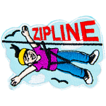 A person happily ziplines through the sky. The word Zipline is above them.