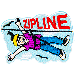 A person happily ziplines through the sky. The word Zipline is above them.