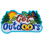 The words Get Outdoors are below a sun and several trees. A bird sits in a branch at the top. 