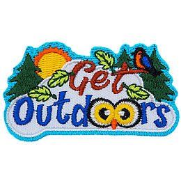 The words Get Outdoors are below a sun and several trees. A bird sits in a branch at the top.