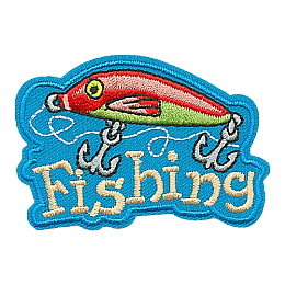 A red and green fishing lure above the word Fishing.