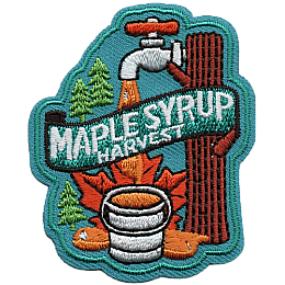 A maple syrup tap draining into a bucket with the words Maple Syrup Harvest across it in a teal ribbon.