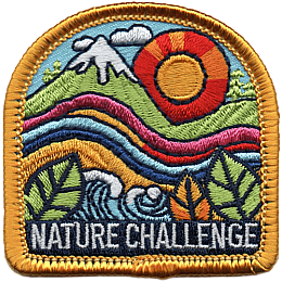 A patch depicting rolling hills with mountains in the background and leaves in the foreground.