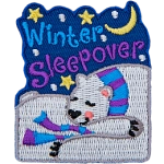 A polar bear snuggles up tight as it sleeps peacefully under the winter night sky. The words Winter Sleepover are stitched above them.