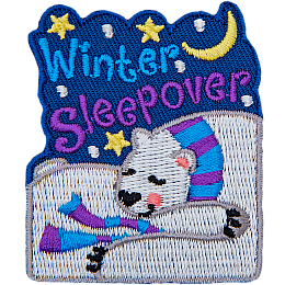 A polar bear snuggles up tight as it sleeps peacefully under the winter night sky. The words Winter Sleepover are stitched above them.