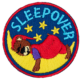 A teddy bear in red pyjamas sleeps on a crescent moon under the word Sleepover.