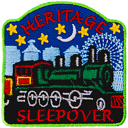 A green train is in the center of the patch, with blue buildings behind it and the night sky. The words Heritage Sleepover are stitched above and below.