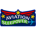 The words Aviation Sleepover are on a blue background with red wings above them.