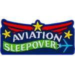 The words Aviation Sleepover are on a blue background with red wings above them.
