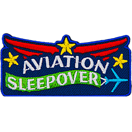 The words Aviation Sleepover are on a blue background with red wings above them.