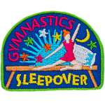 A girl in a leotard poses on a beam between the words Gymnastics Sleepover.