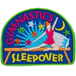 A girl in a leotard poses on a beam between the words Gymnastics Sleepover.