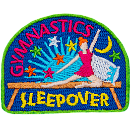 A girl in a leotard poses on a beam between the words Gymnastics Sleepover.