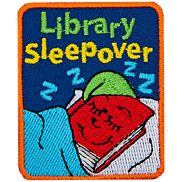 A red book with a green hat is tucked into bed. The words Library Sleepover is above it.