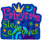 The words Fairytale Sleepover sit atop a purple castle.