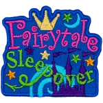 The words Fairytale Sleepover sit atop a purple castle.