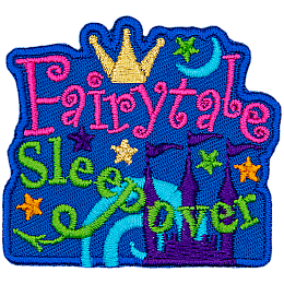 The words Fairytale Sleepover sit atop a purple castle.