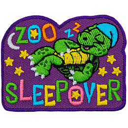A turtle in his little nightcap sleeps soundly under the stars and the moon - the words Zoo Sleepover are embroidered in various pastel colours.