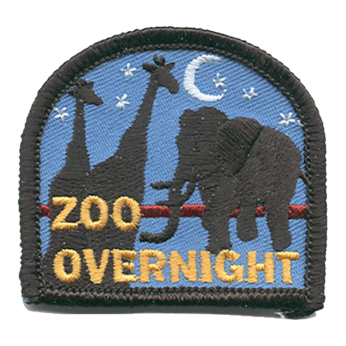 The words Zoo Overnight are stitched in yellow over the top two silhouettes of giraffes. An elephant silhouette is in the background.