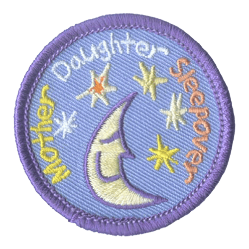 A smiling crescent moon and a few stars. The words Mother Daughter Sleepover are stitched in a circle around them.