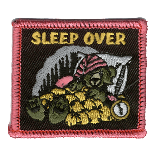 A puppy dog is tucked in under a yellow blanket. An alarm clock sits next to them. The words Sleep Over are stitched above.
