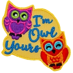 Two owls lean towards each other with the text I'm Owl Yours between them.