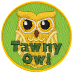 A cream owl with the words Tawny Owl at the bottom.