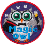 A grey owl holds a black tophat and a magician's wand. The words Magic Owl are across the bottom.