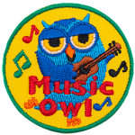 A blue owl dances as he strums a ukulele. Music notes fly about him, and the words Music Owl are written in red at the bottom of the patch.